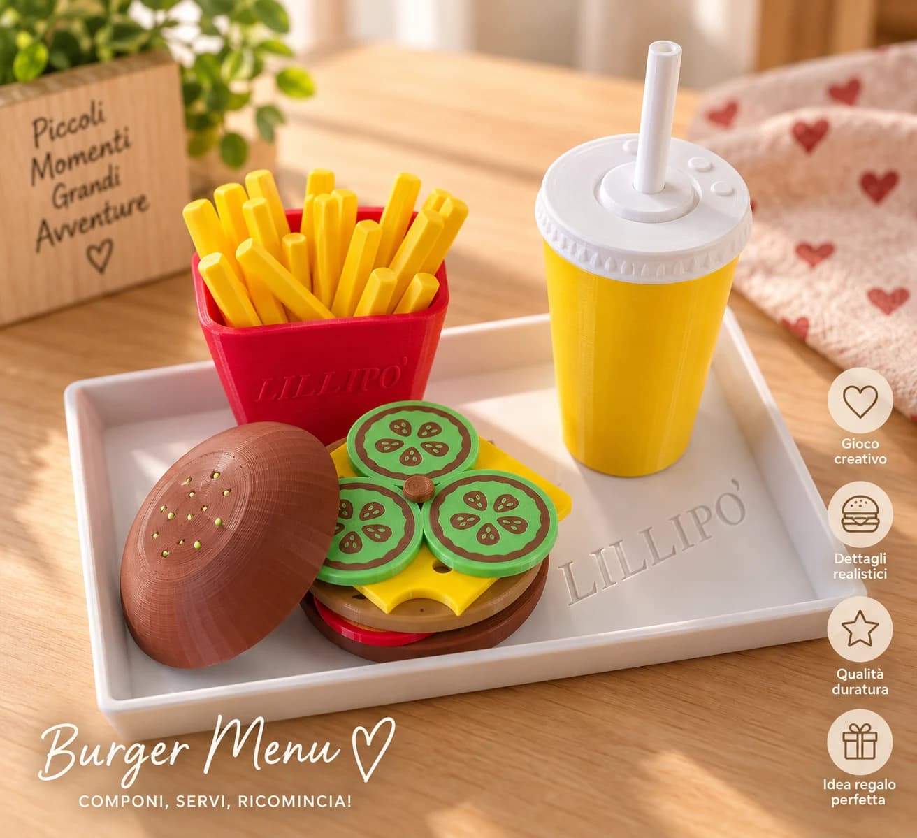 Burger componibile Lillipò con patatine, bibita e vassoio